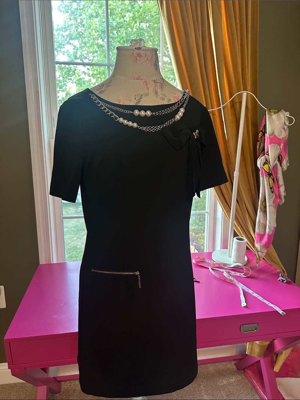 Moschino Black Short-Sleeve Mini Dress with Chain Neckline